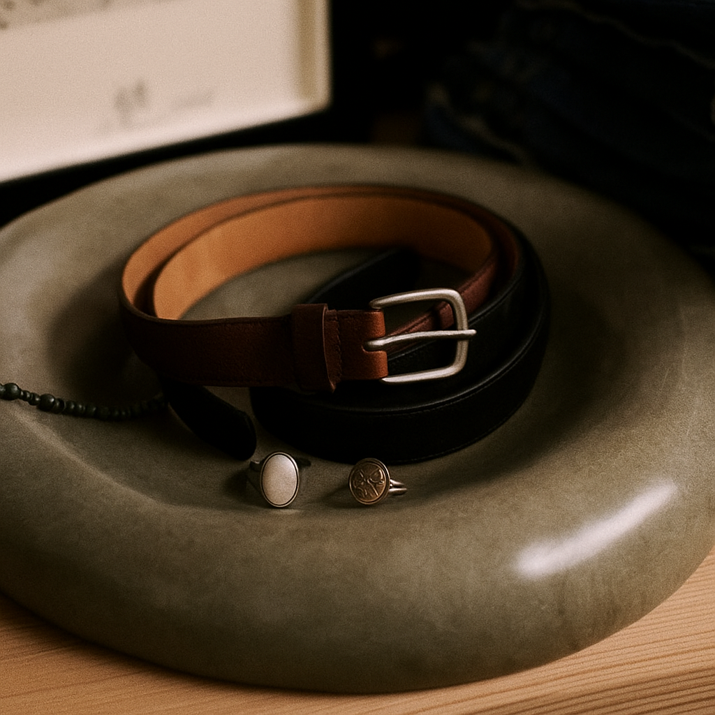 Men's leather belts and rings displayed in a muted teal bowl with rounded edges
