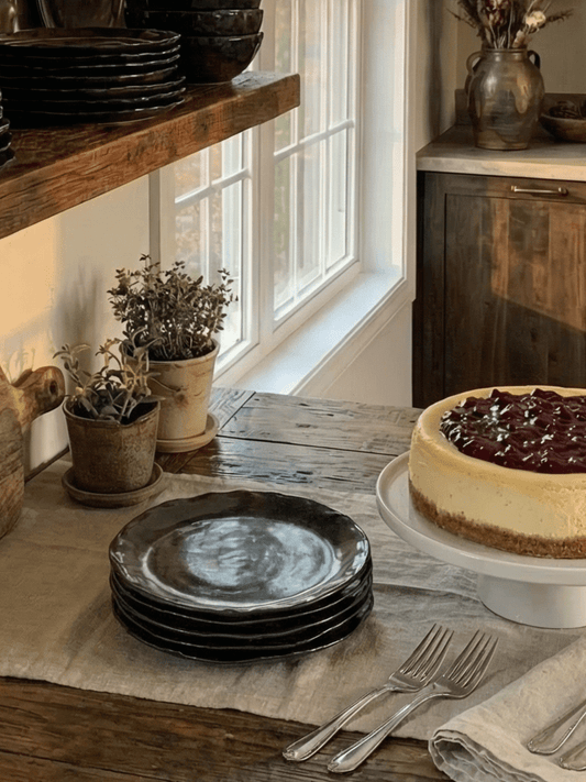 Dessert setting with a cheesecake on a stand, black plates, and silver forks on a wooden table.