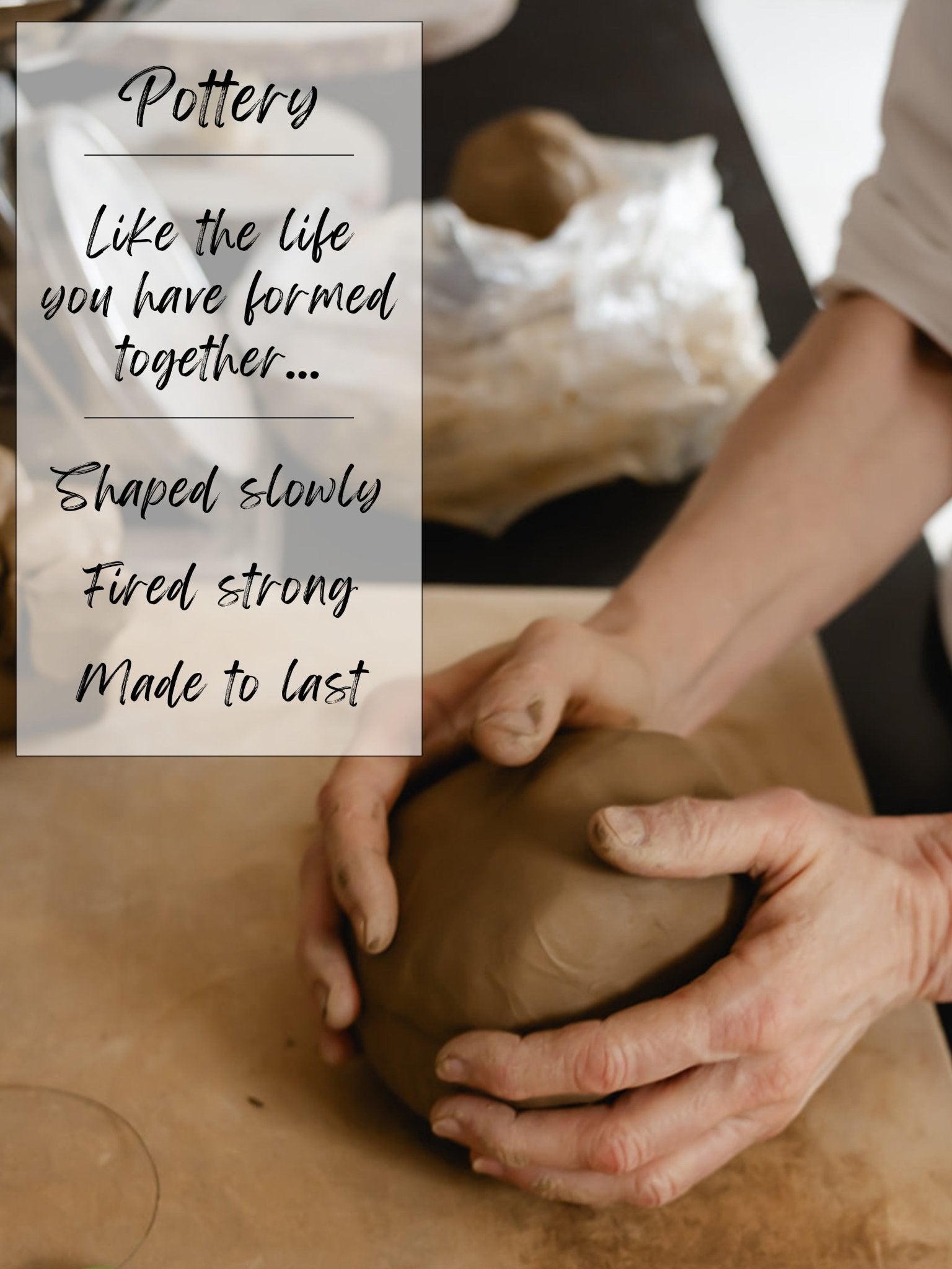 Person shaping a clay pottery with text about pottery on a wooden surface.