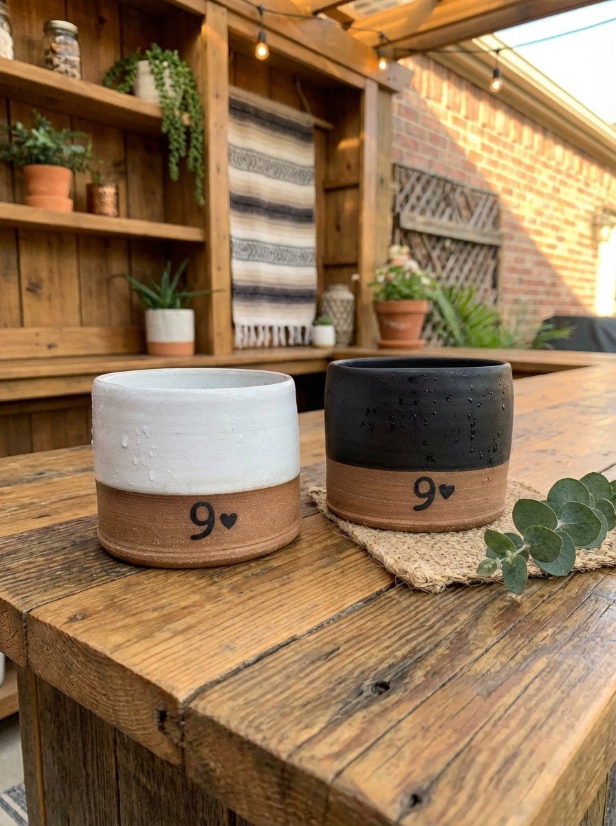 Two pottery glasses with number 9 on a wooden surface in a rustic setting.
