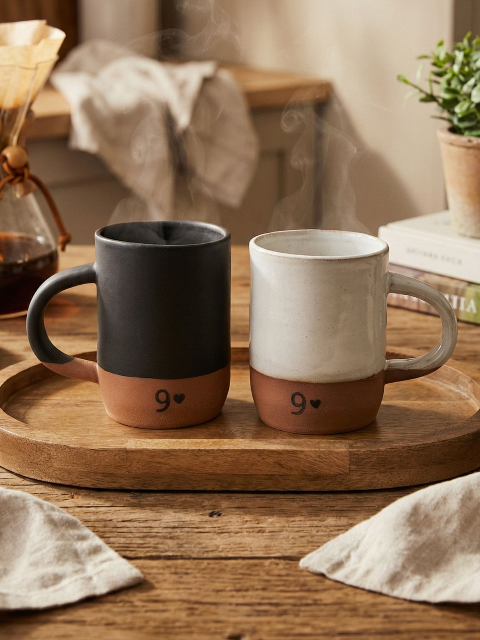 Two handmade pottery mugs with number 9 and hearts on a wooden tray.