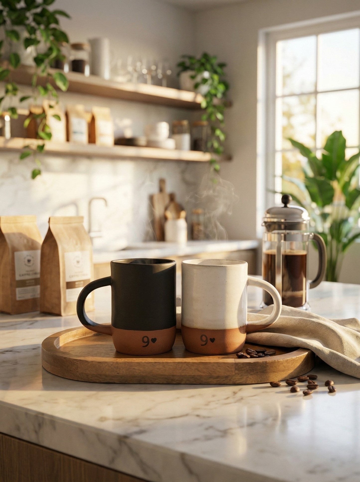 Two handcrafted pottery mugs with 9 design on a wooden tray with coffee beans on a kitchen counter