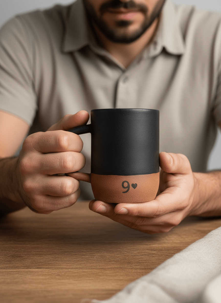 Person holding a black mug with a heart and number 9 on a wooden surface
