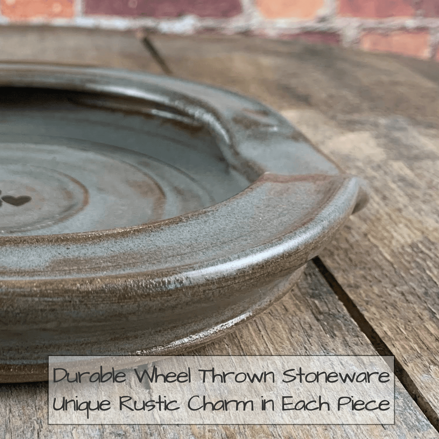 pOTTERY CIGAR plate on a wooden surface with text about stoneware