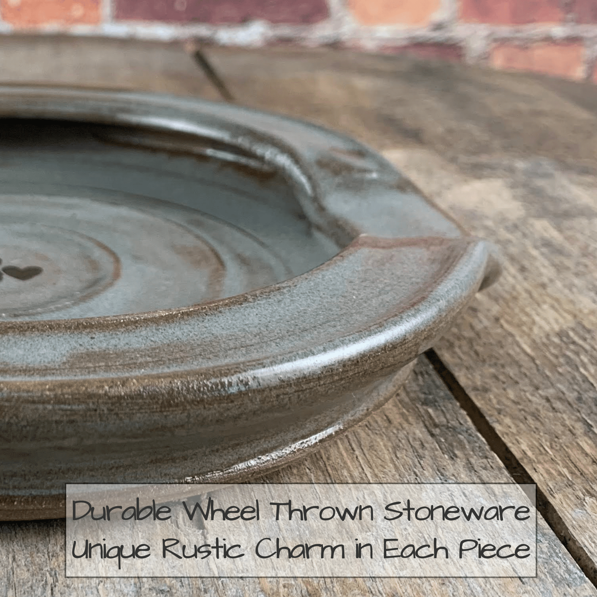 pOTTERY CIGAR plate on a wooden surface with text about stoneware