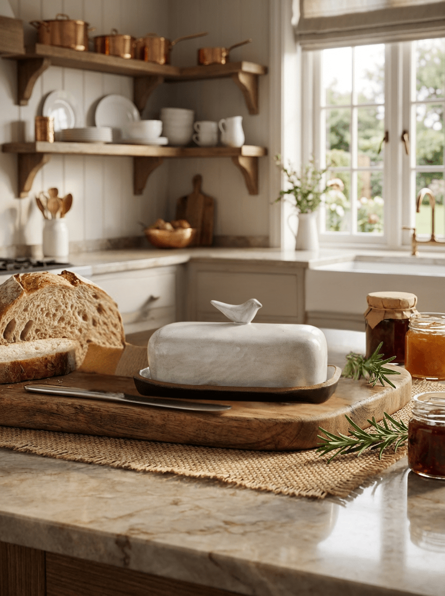 Handmade ceramic butter dish on a wooden cutting board with bread and jars in a kitchen setting