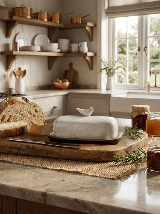 Handmade ceramic butter dish on a wooden cutting board with bread and jars in a kitchen setting