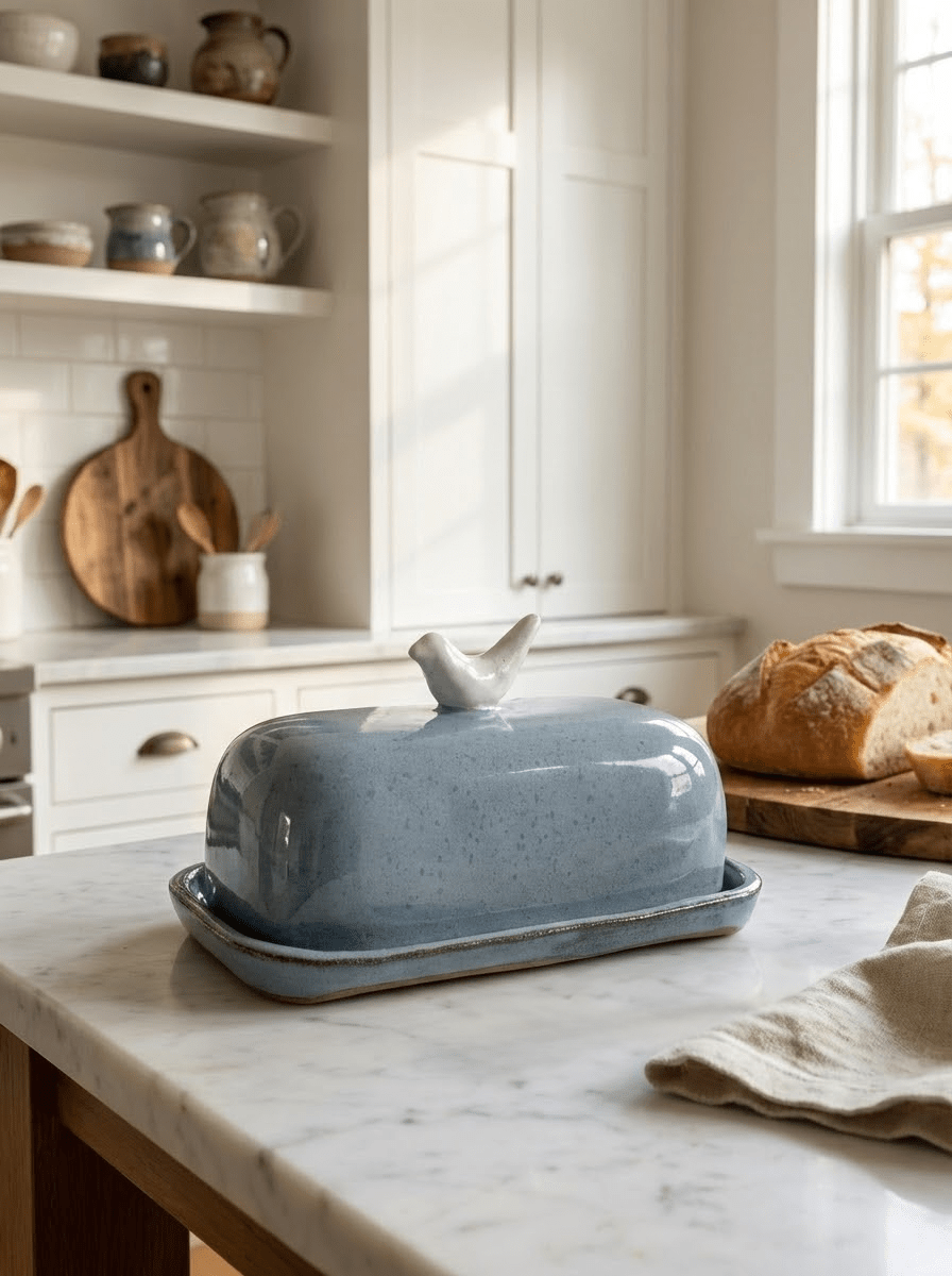 Handcrafted Blue ceramic butter dish with bird handle on a marble countertop in a kitchen.