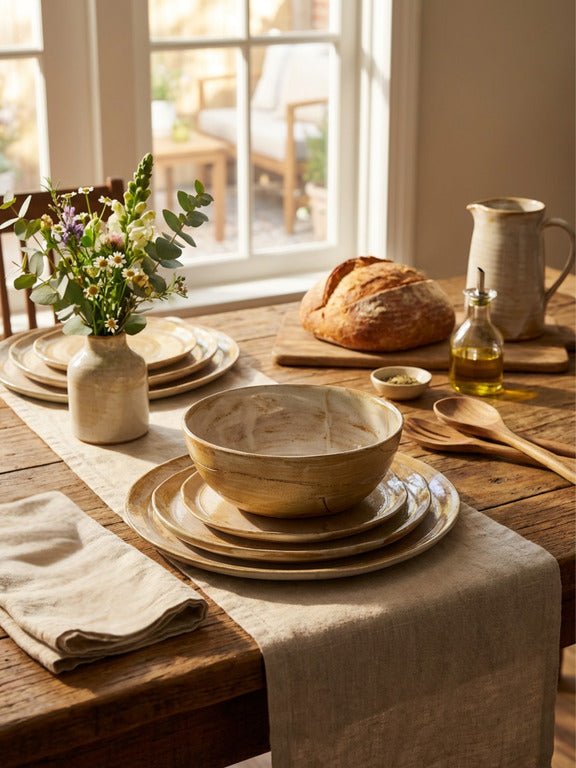 Wooden table set with ceramic dishes, bread, and a vase of flowers in a bright room.
