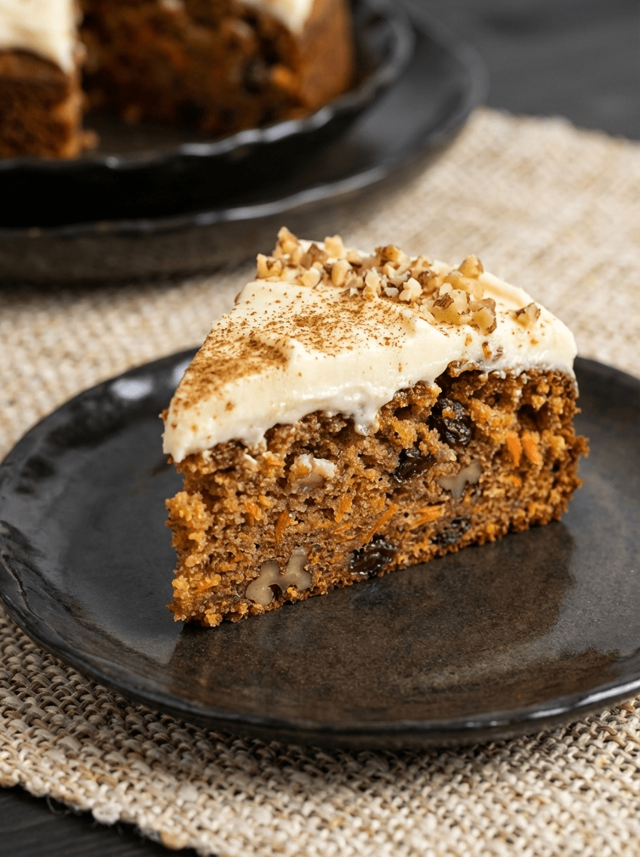 Slice of carrot cake with cream cheese frosting on a black handmade ceramic plate