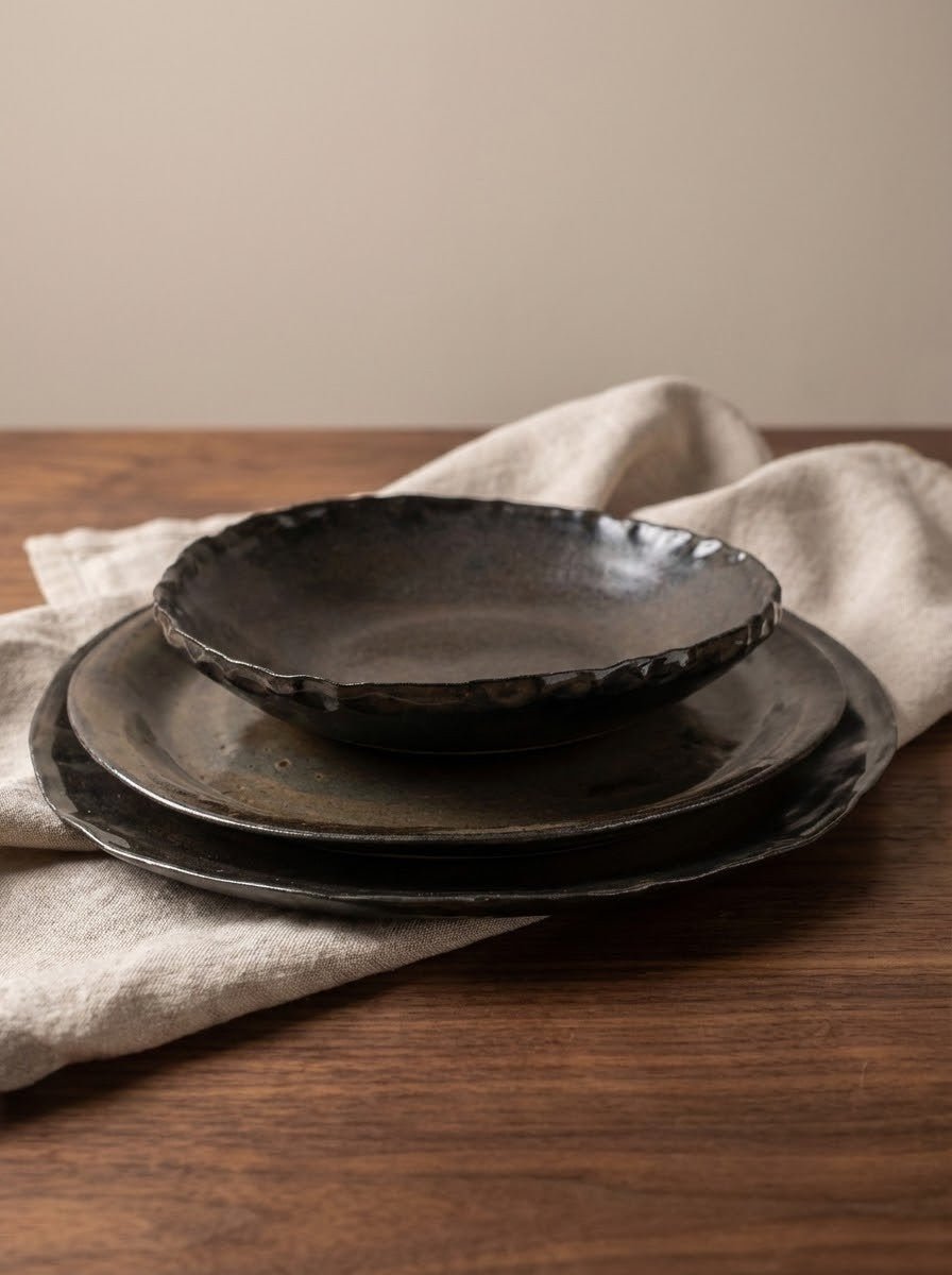 Set of brown hand formed ceramic plates and bowl on a wooden table with a beige napkin.