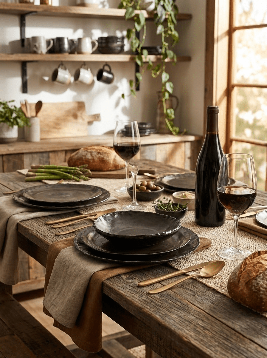 Dining table set with black handmade stoneware, wine glasses, and bread in a rustic kitchen.