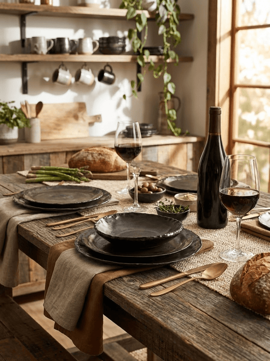 Dining table set with black handmade stoneware, wine glasses, and bread in a rustic kitchen.