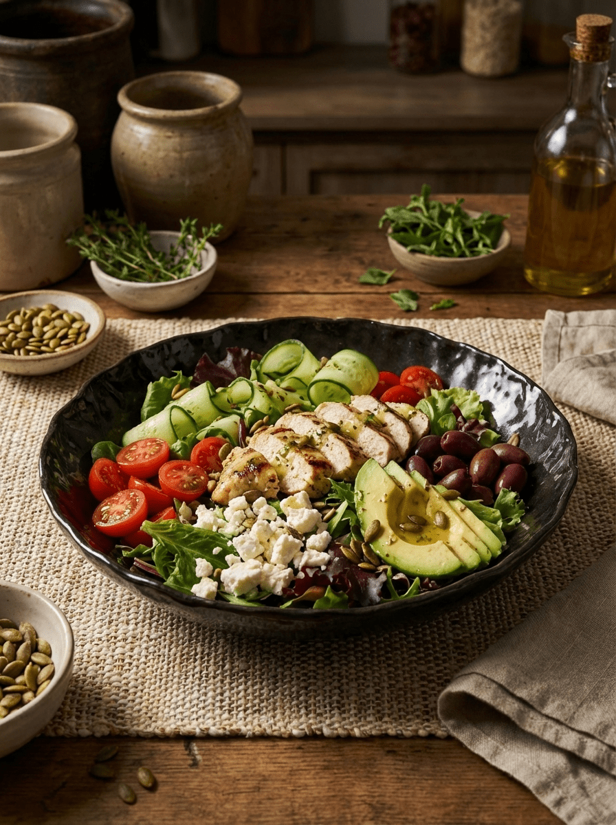 Plated salad with chicken, vegetables, and avocado in a handmade ceramic bowl on a wooden table.