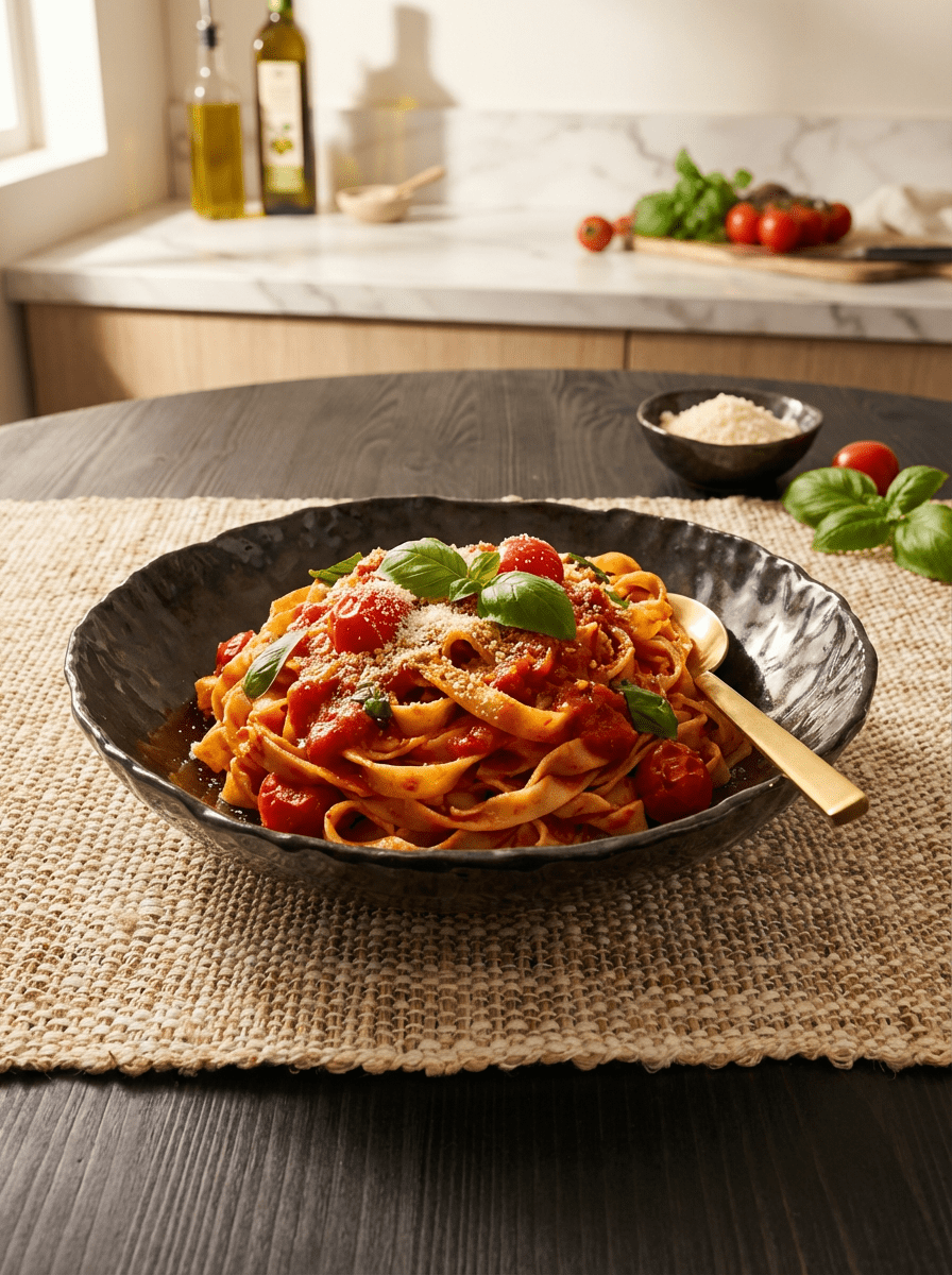 Pasta dish with tomatoes and basil in a black handmade ceramic bowl on a wooden table.