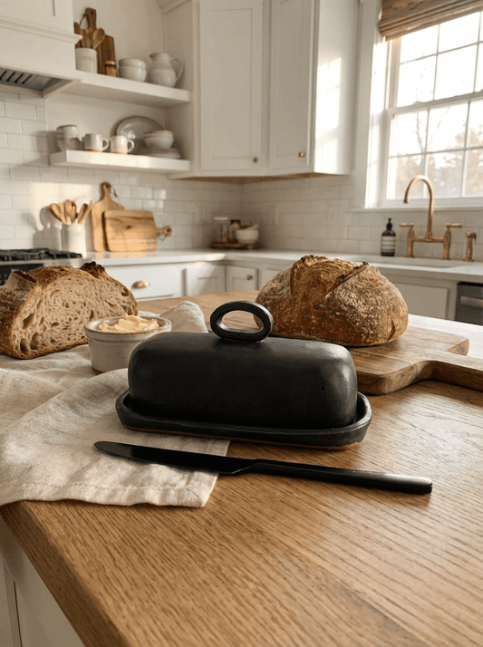 Black handmade ceramic butter dish on a kitchen counter with bread and a window in the background