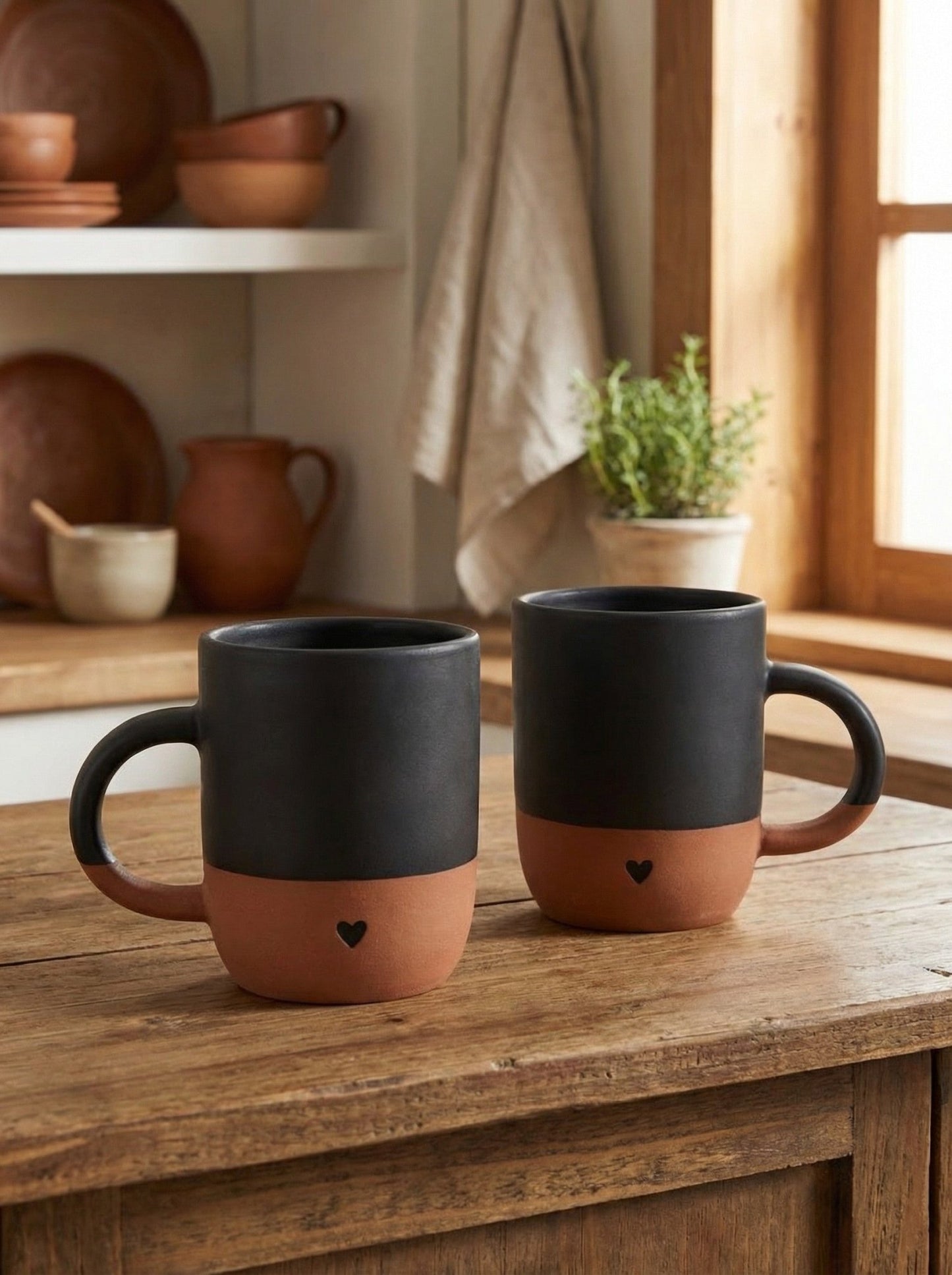 Two black and terracotta mugs with a small heart image on a wooden surface with a kitchen background.