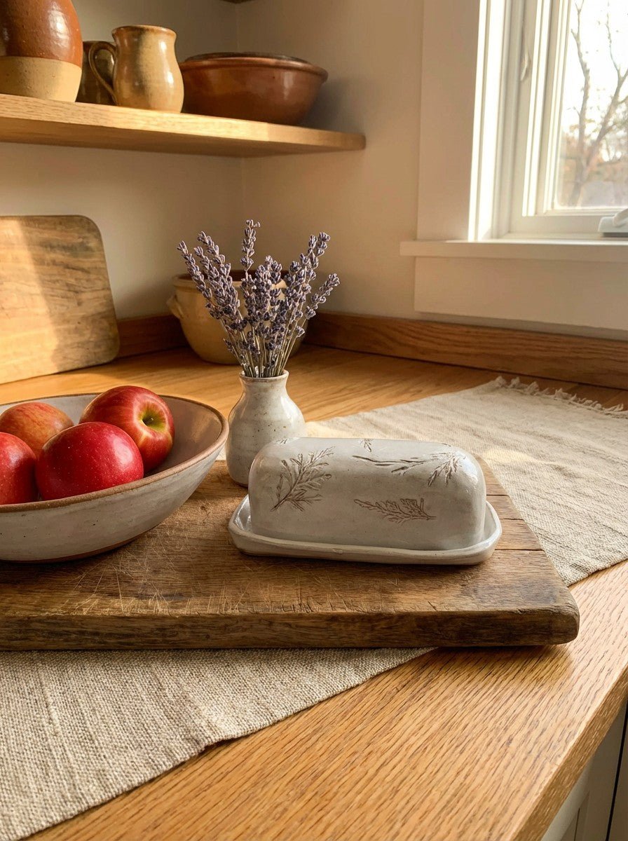 artisan Butter dish on a wooden cutting board with apples and a vase of lavender in a kitchen setting.