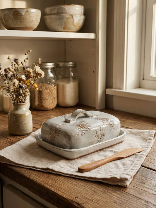 large Butter dish with pine design on a wooden table in a kitchen setting
