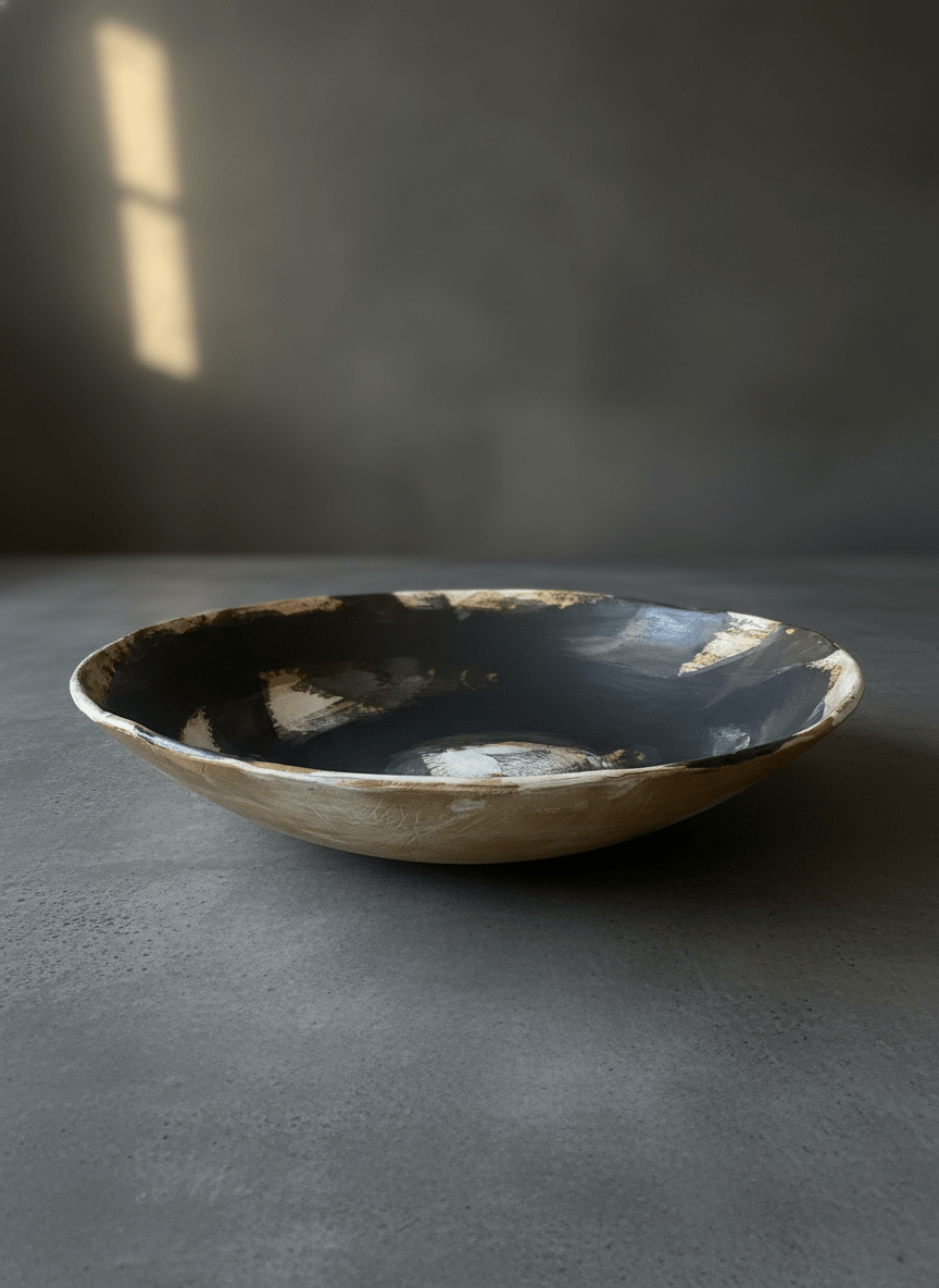 ceramic art  bowl with black, brown and white abstract circular design on a wood moody gray background