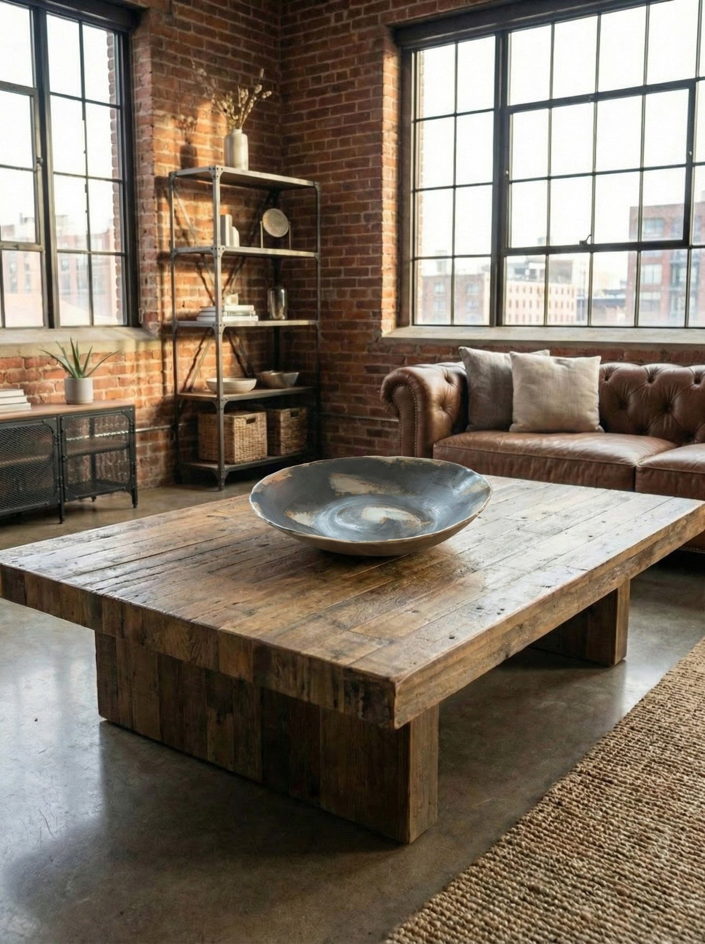 Living room with large decorative bowl with black and white abstract designs on a wooden coffee table, brick wall, and large windows.