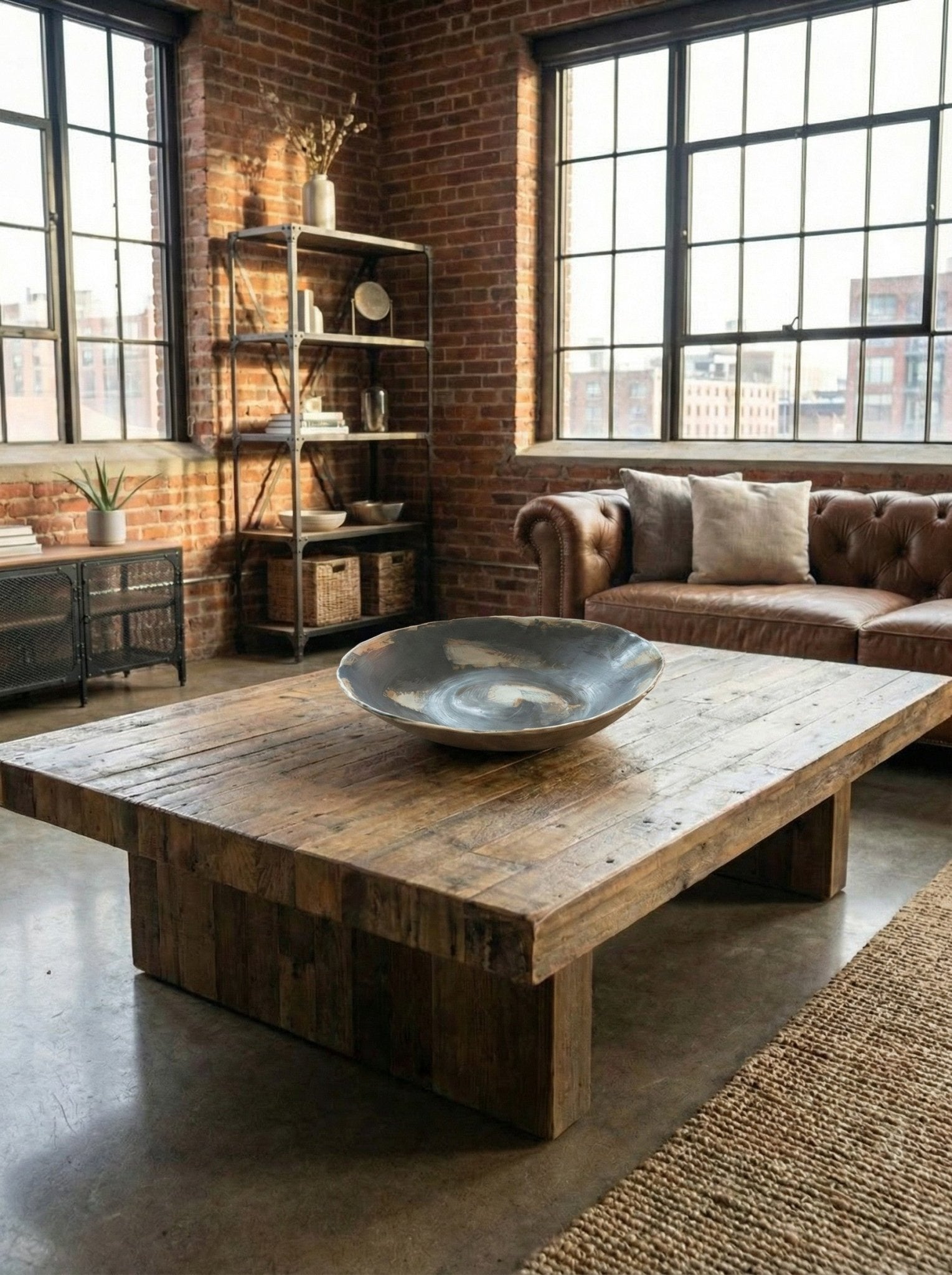 Living room with large decorative bowl with black and white abstract designs on a wooden coffee table, brick wall, and large windows.