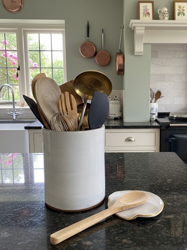 Kitchen counter with a white ceramic utensil holder, a wooden spoon on a dark surface, and copper pans hanging on the wall.