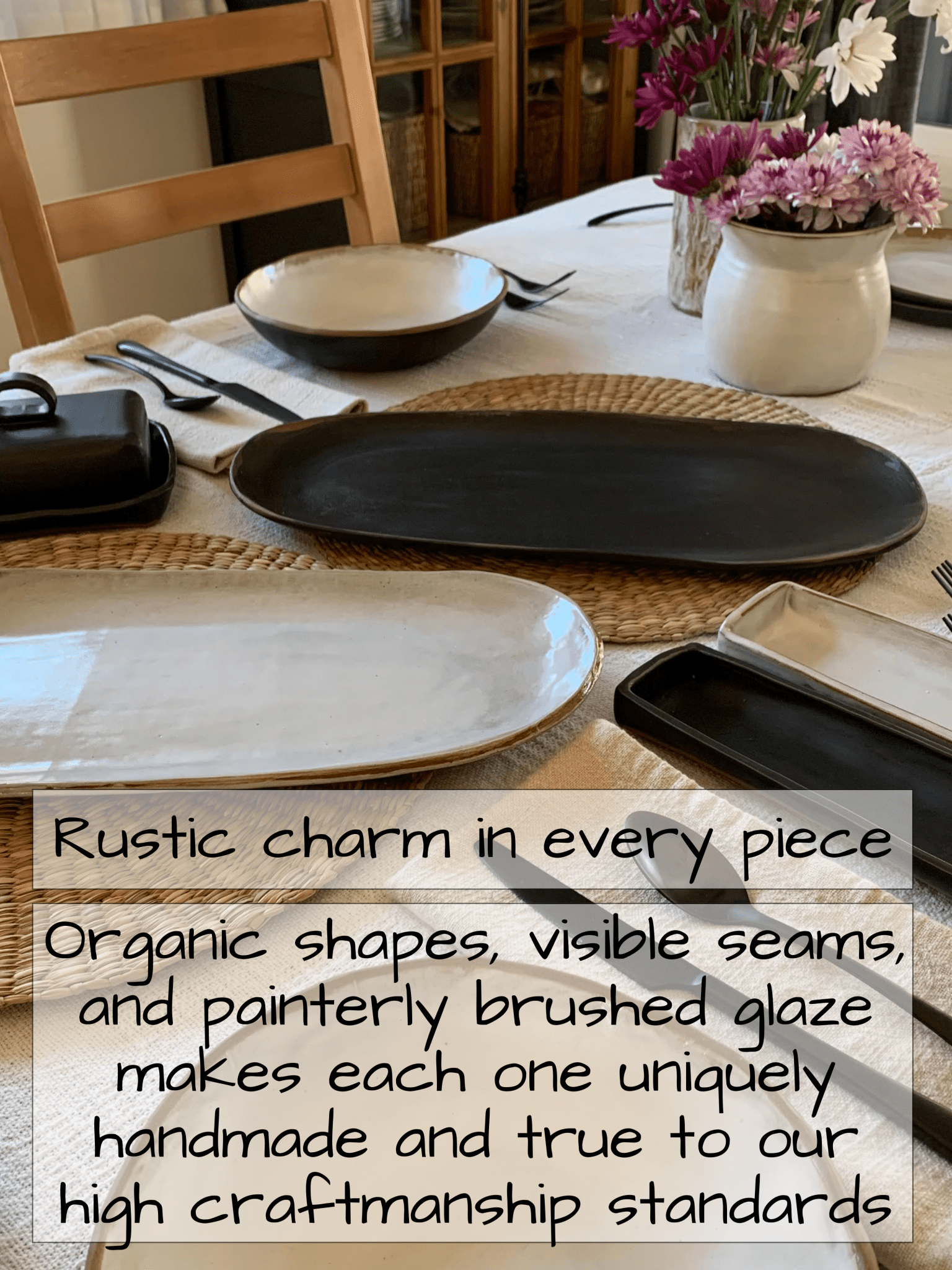 Dining table setting with handmade dinnerware
