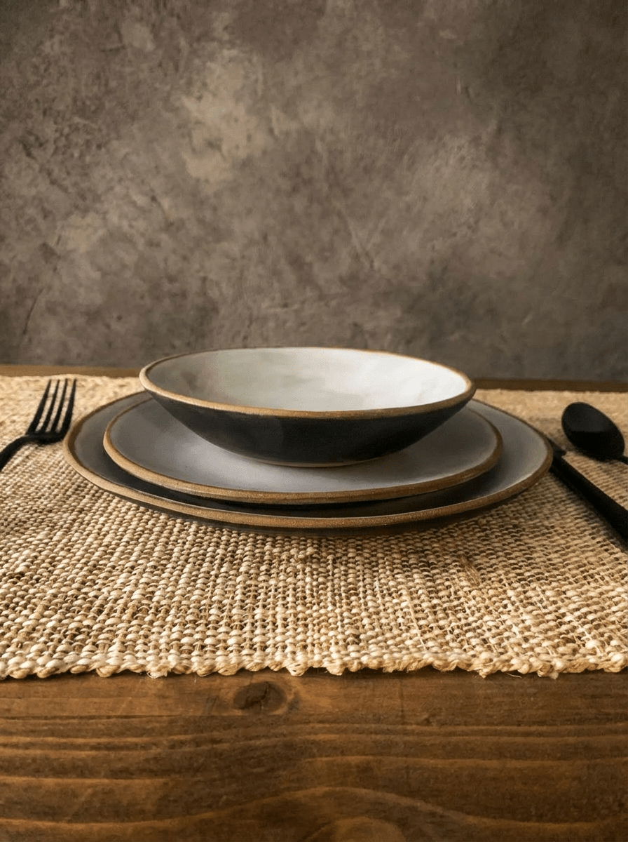 Set of artisan plates and bowl on a textured surface with a neutral background