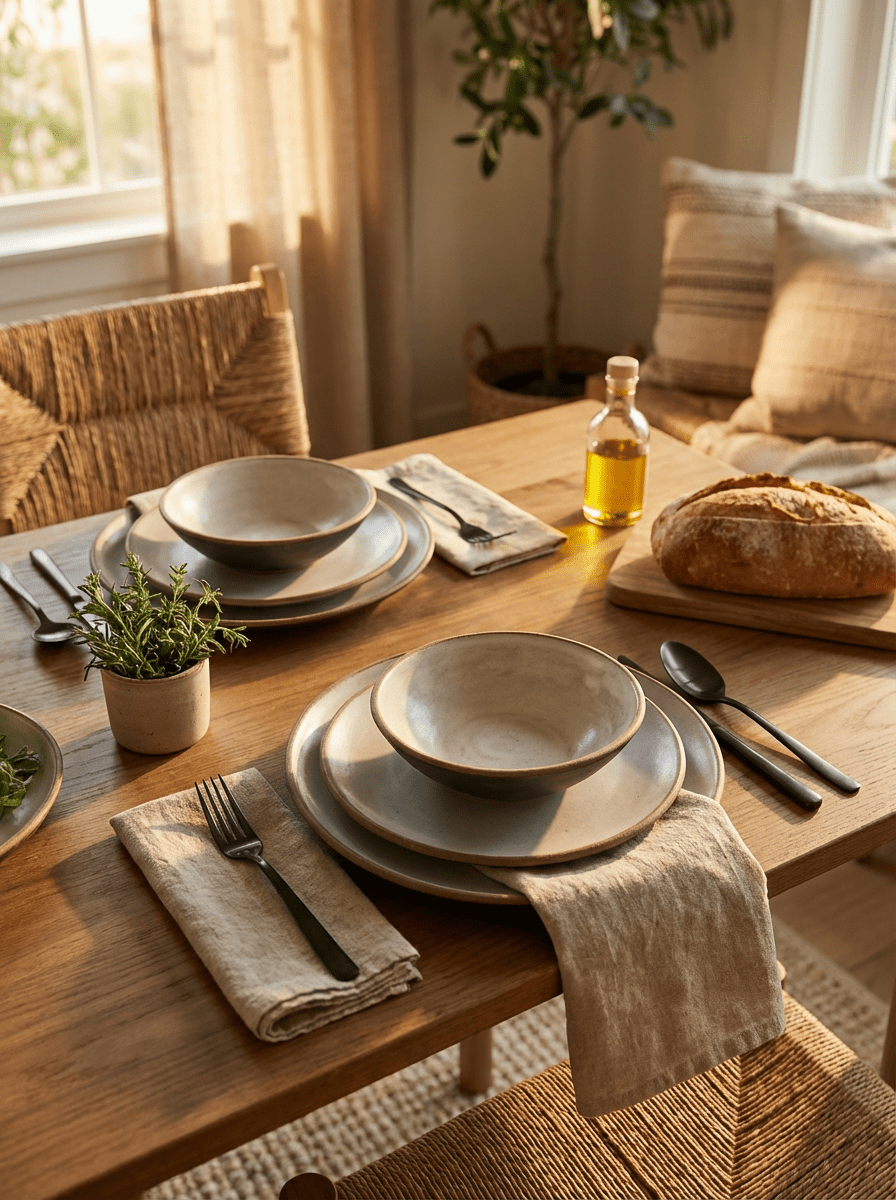 Dining table set with artisan ceramic bowls, bread, and utensils in a cozy room.