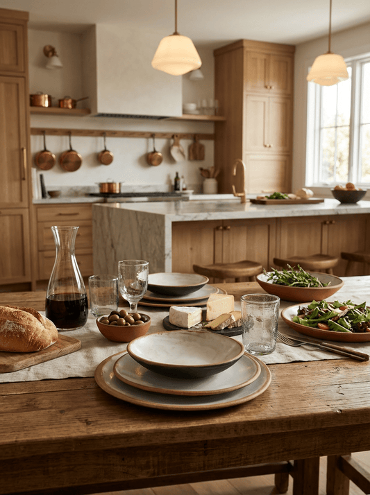 Dining table set with handmade ceramic plates, glasses, and food in a kitchen.