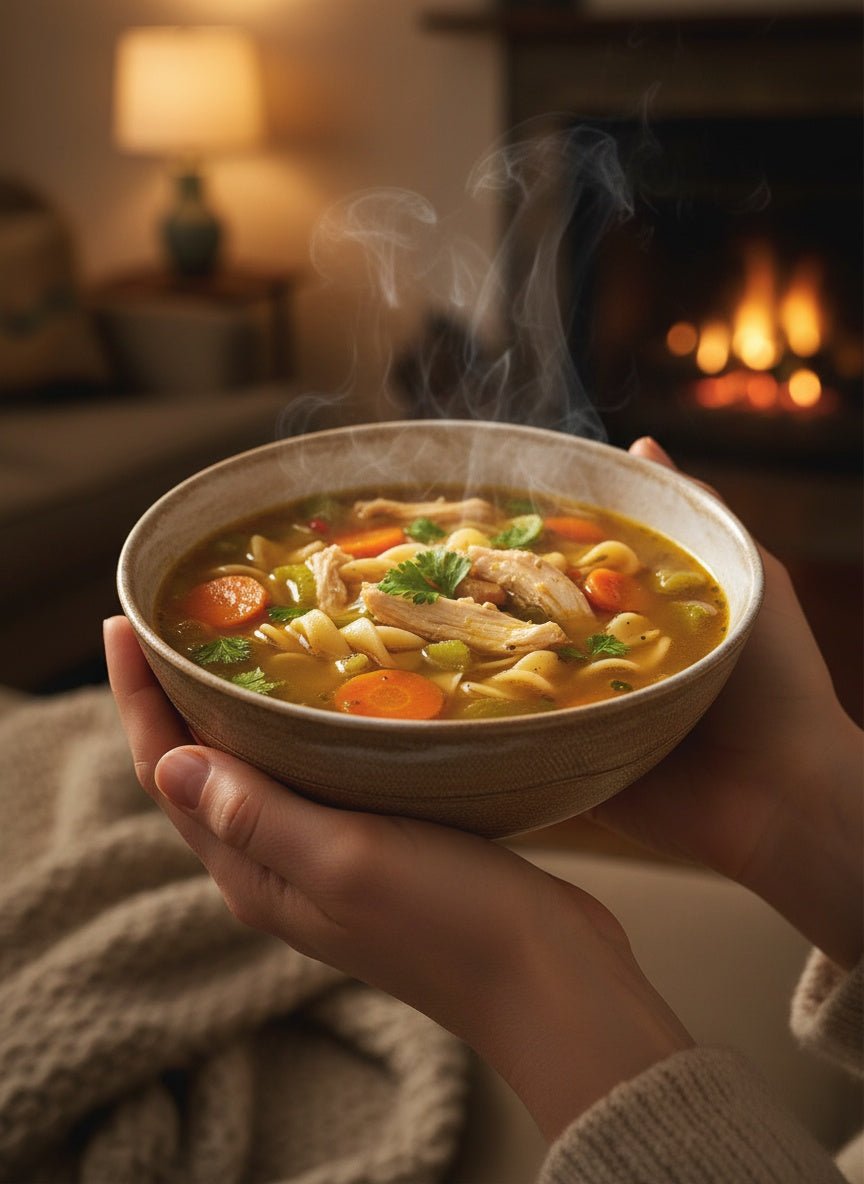 Bowl of hot soup being held in front of a fireplace