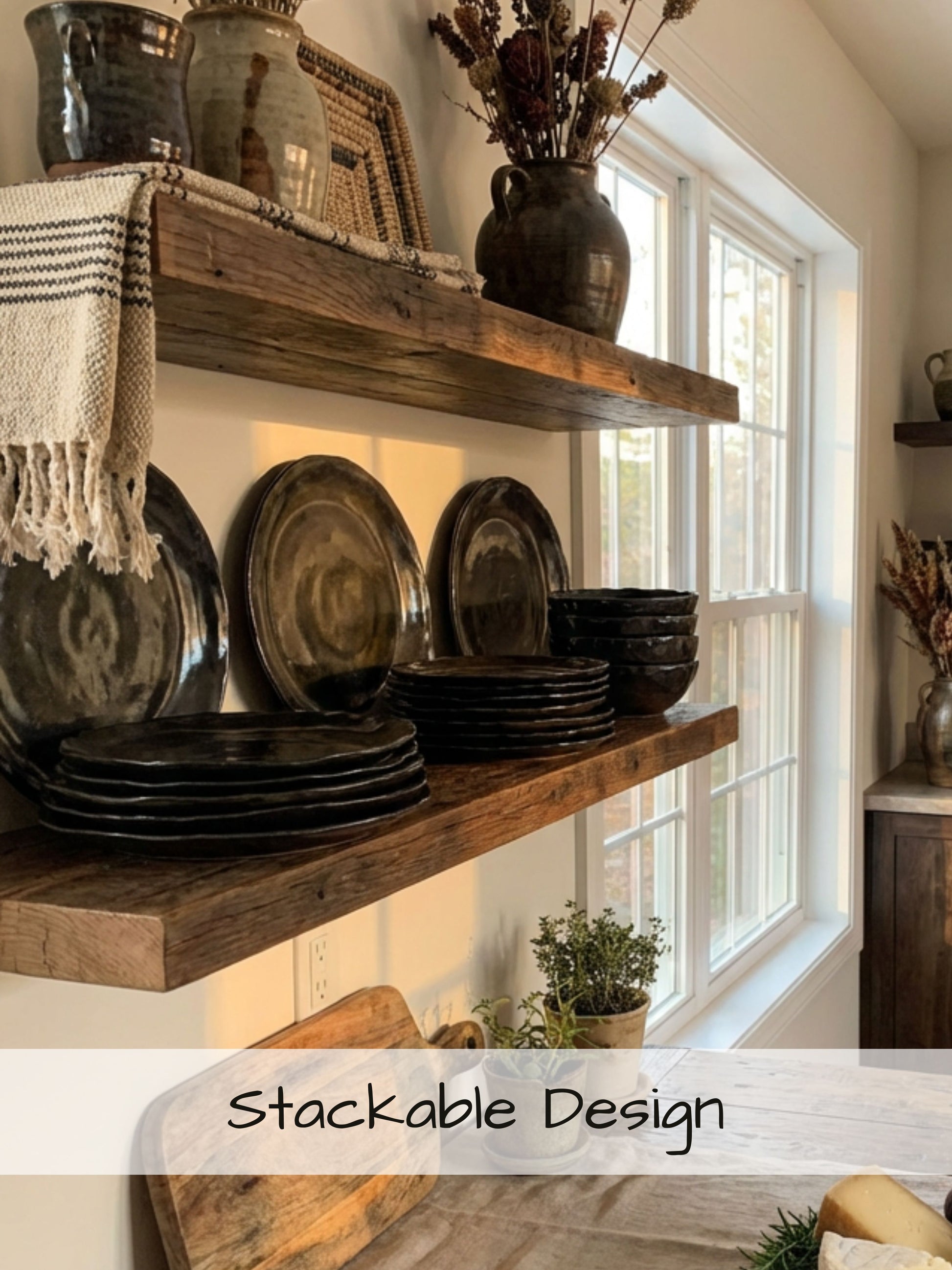 Wooden shelves with handcrafted ceramic plates and decorative items in a bright room.