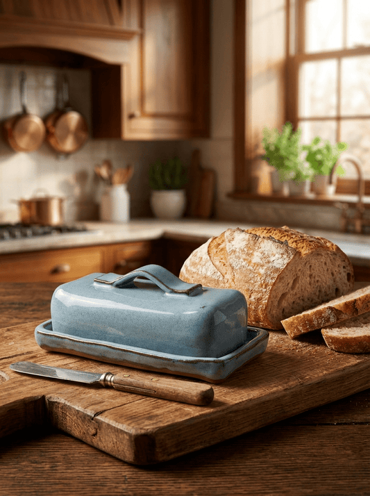 Blue butter dish with bread on a wooden cutting board in a kitchen.