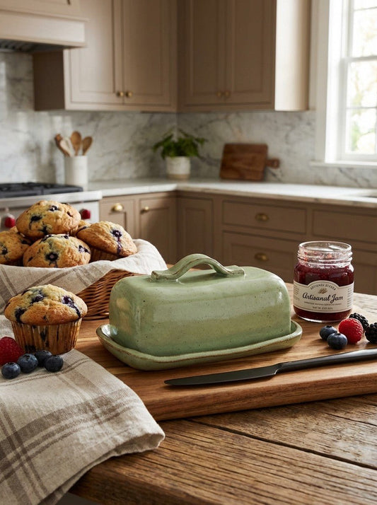 Green handcrafted ceramic Butter dish on a kitchen counter with muffins, jam, and berries.