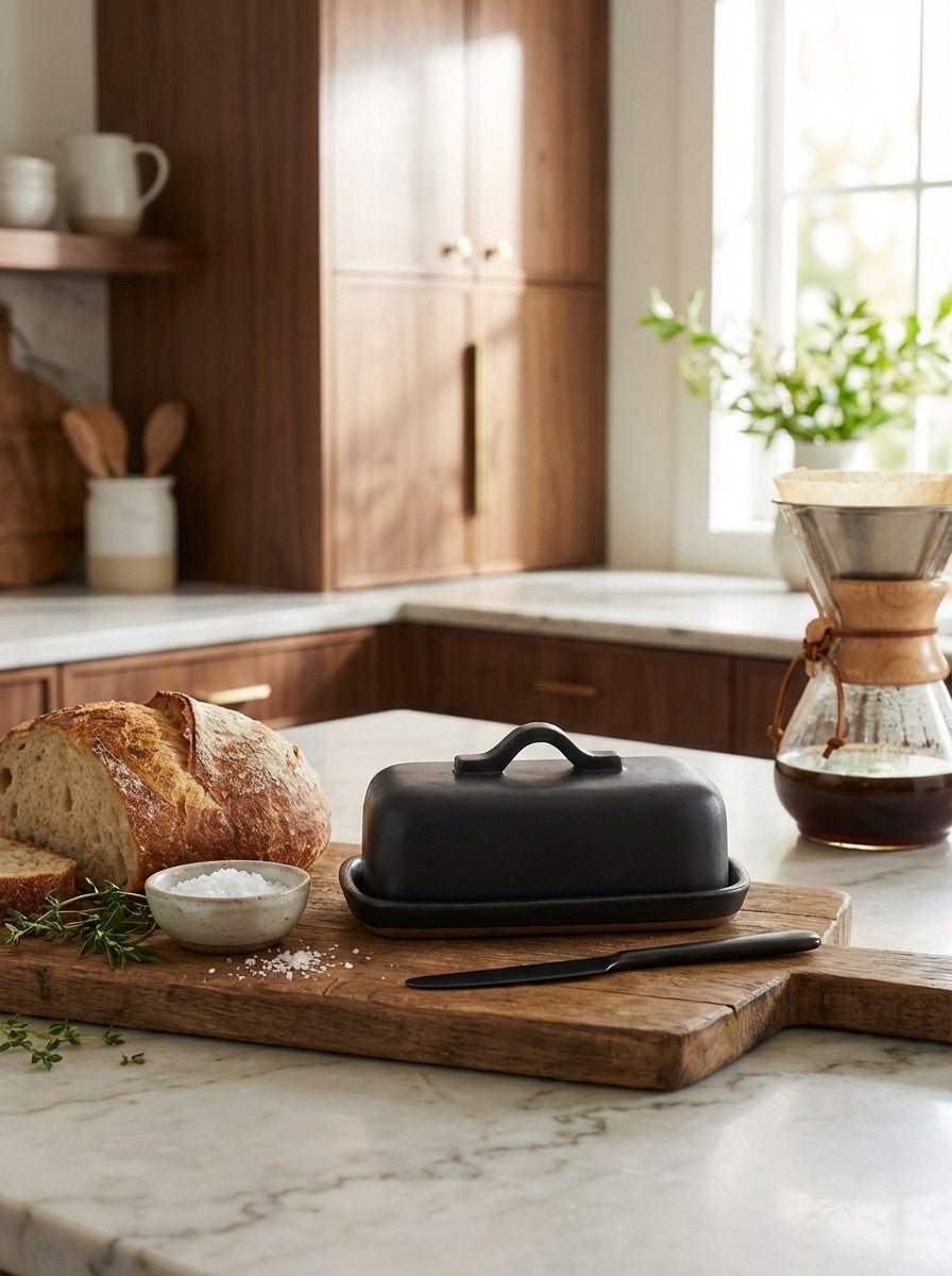 Kitchen counter with bread, butter dish, and coffee maker in a home setting