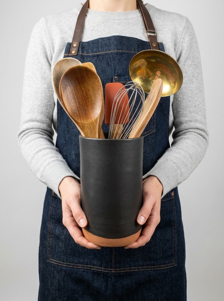 Person holding a black handmade pottery utensil holder with kitchen utensils against a plain background