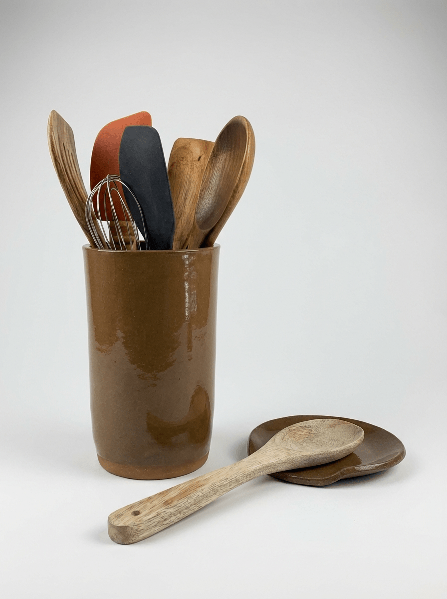 Set of wooden utensils in a brown ceramic container on a white background