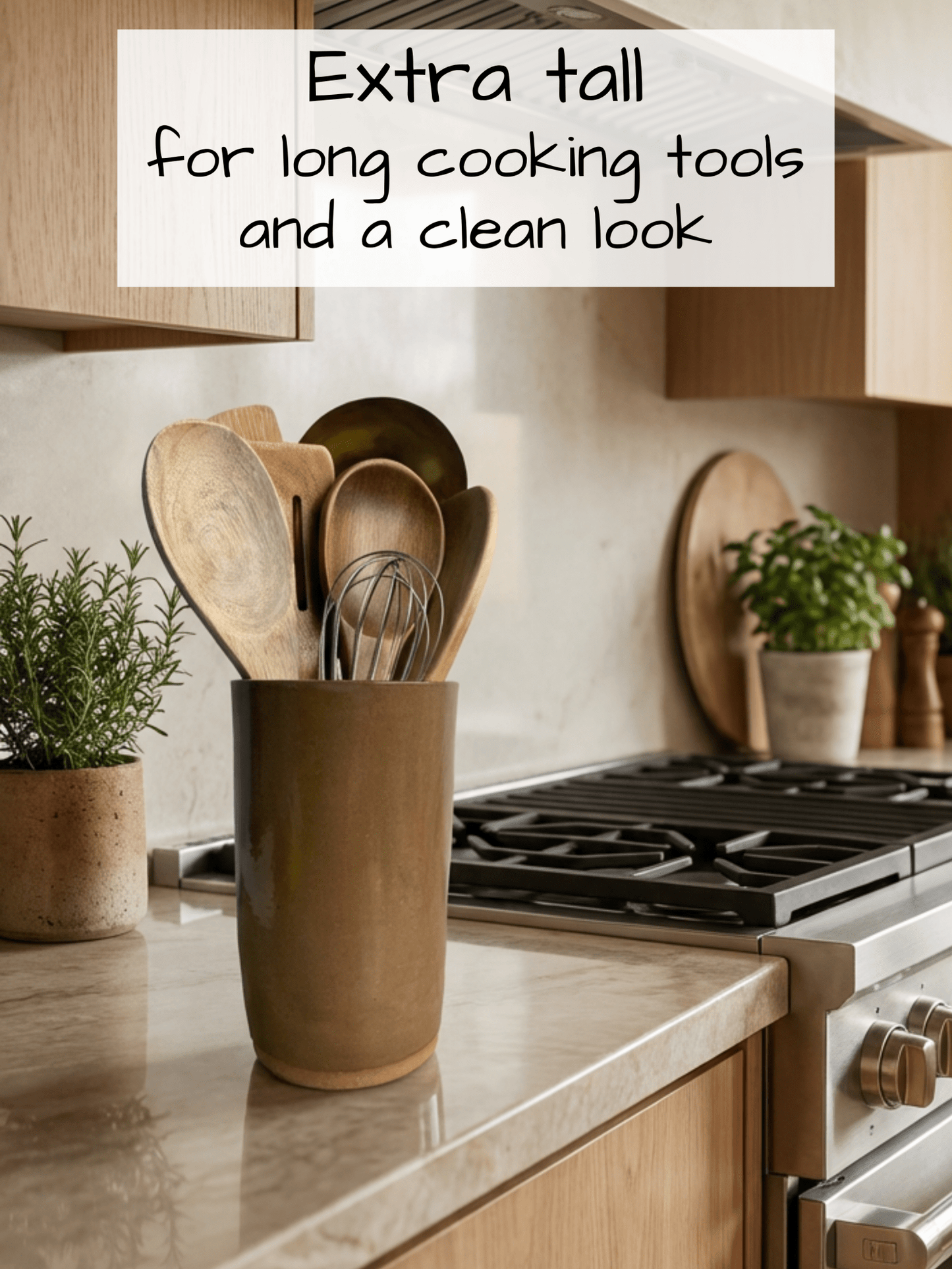 Kitchen counter with a brown handcrafted ceramic utensil holder containing wooden utensils, text overlay about height and appearance.
