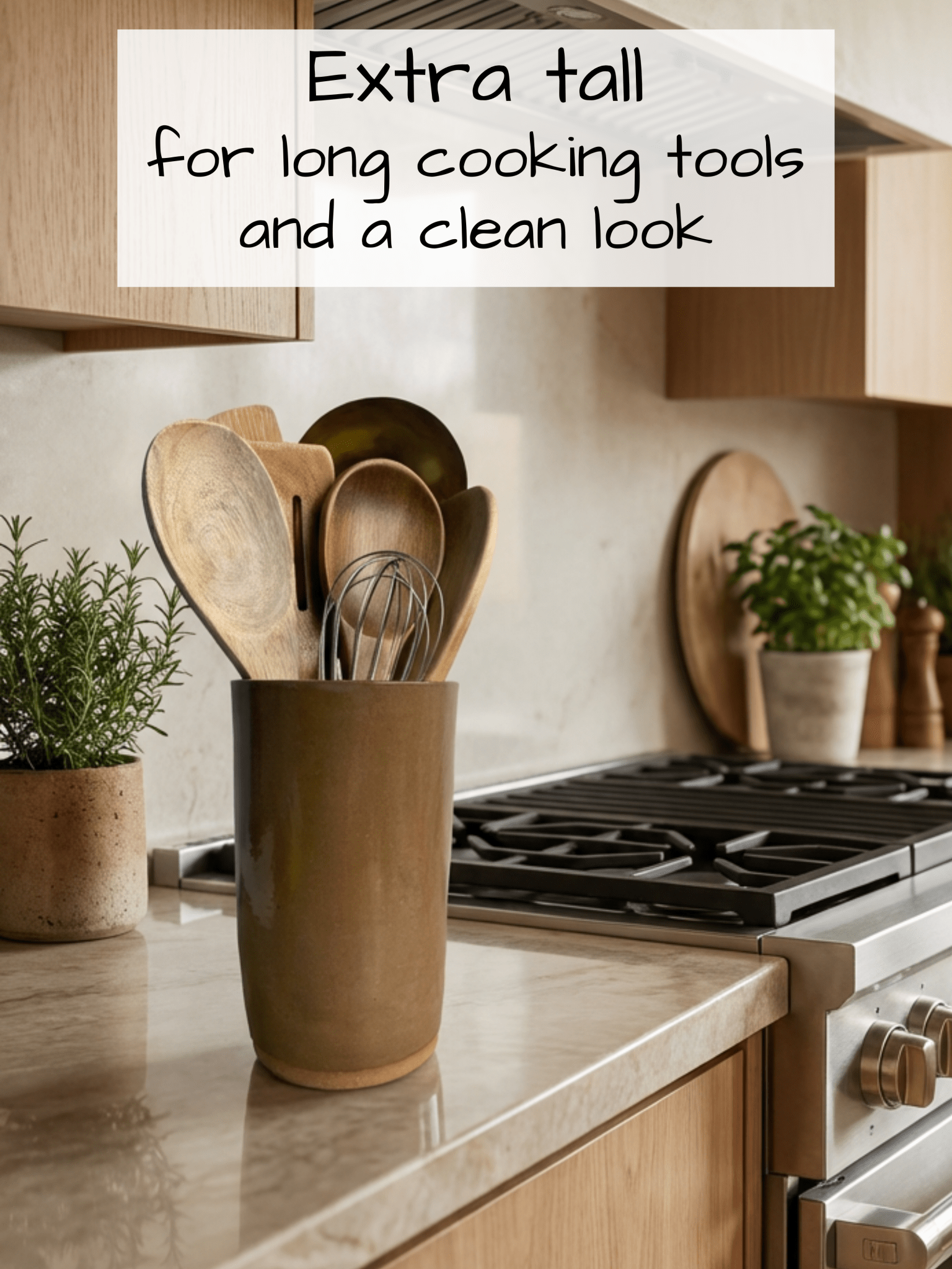 Kitchen counter with a brown handcrafted ceramic utensil holder containing wooden utensils, text overlay about height and appearance.
