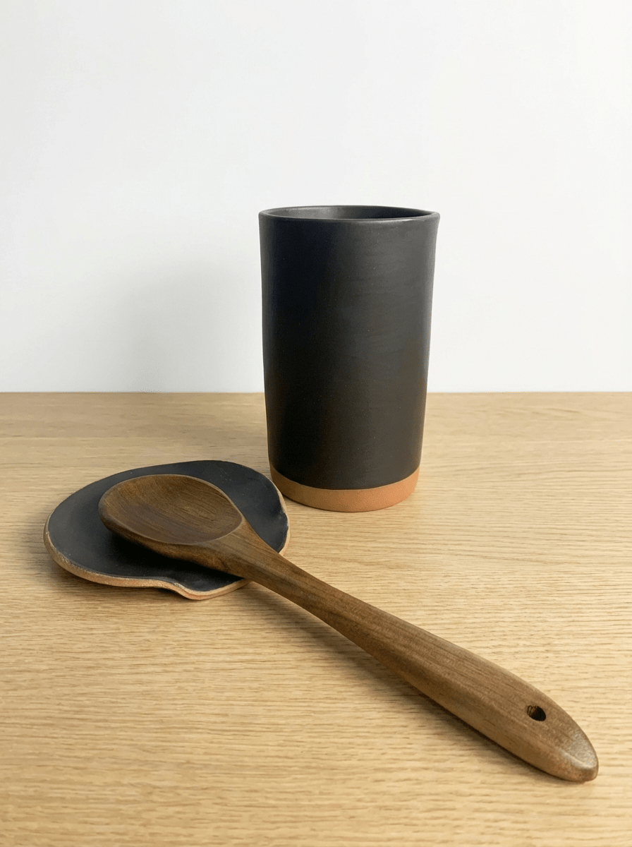 Black ceramic utensil holder and wooden spoon on a wooden surface with a white background