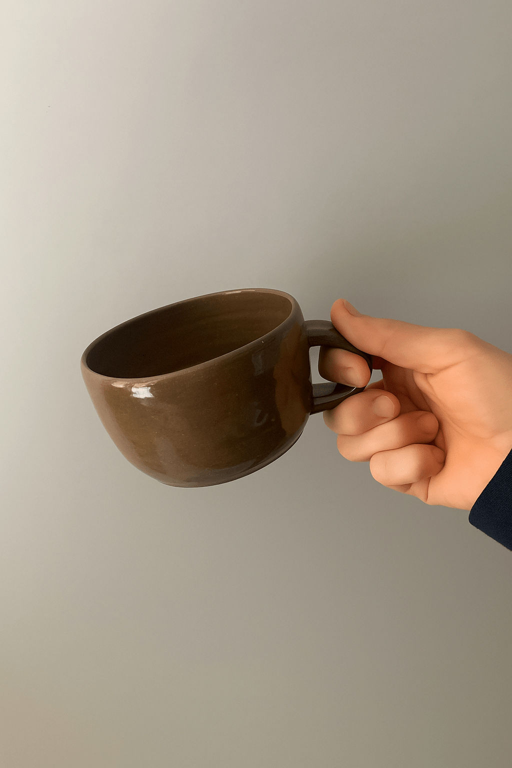 Hand holding a brown ceramic cup against a plain background