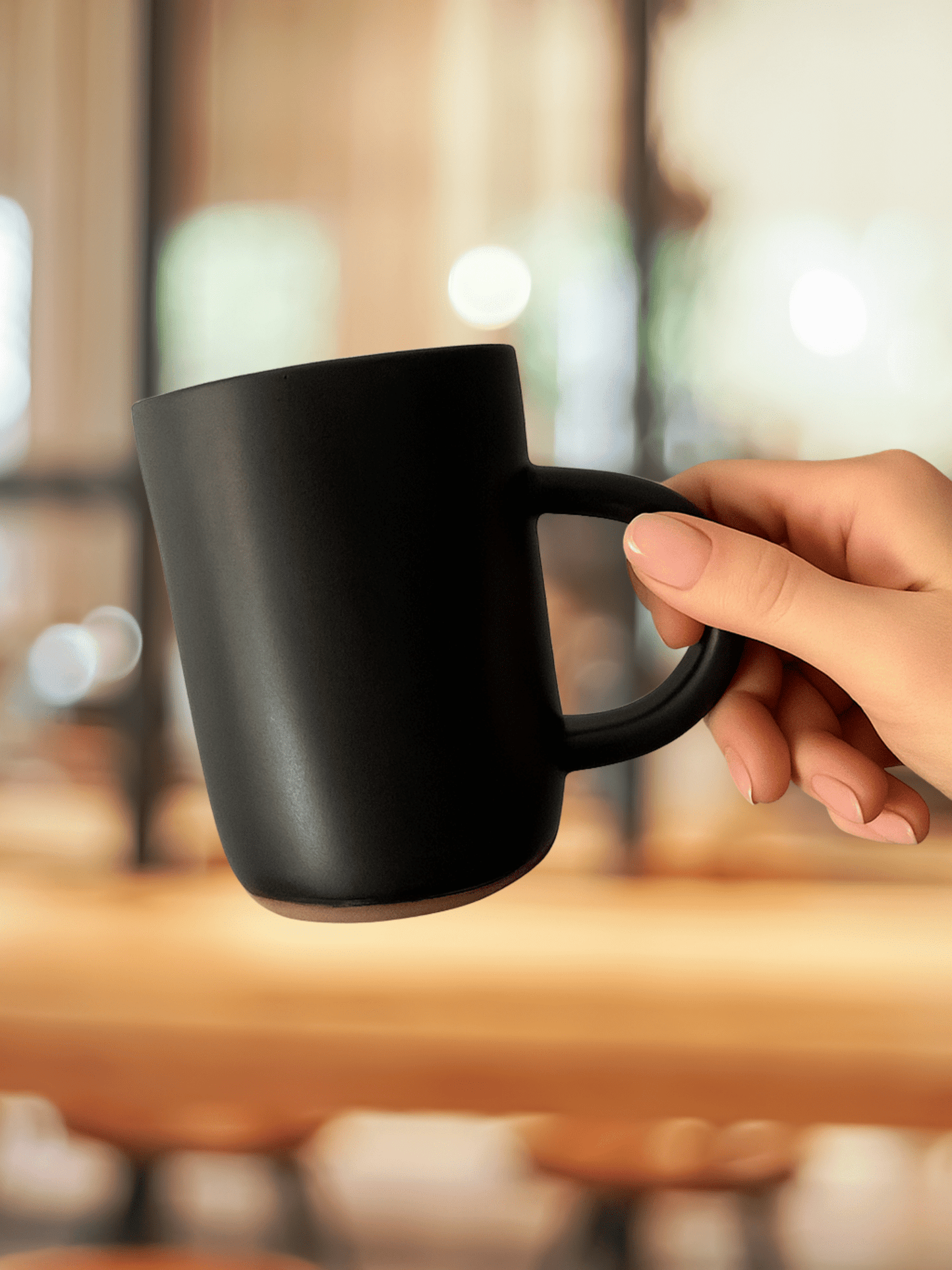 Hand holding a black ceramic mug with a blurred indoor background