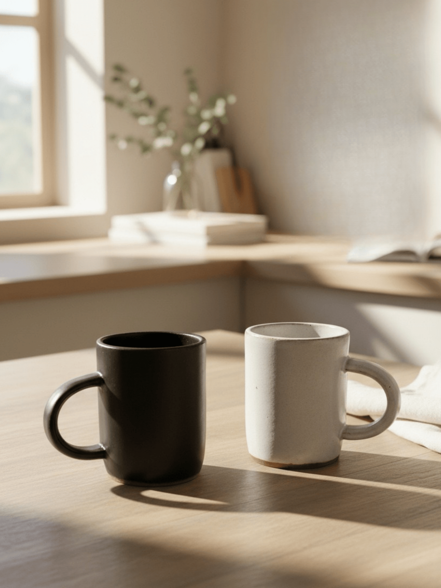 Two handmade ceramic mugs, one black and one white, on a wooden surface with a window in the background.