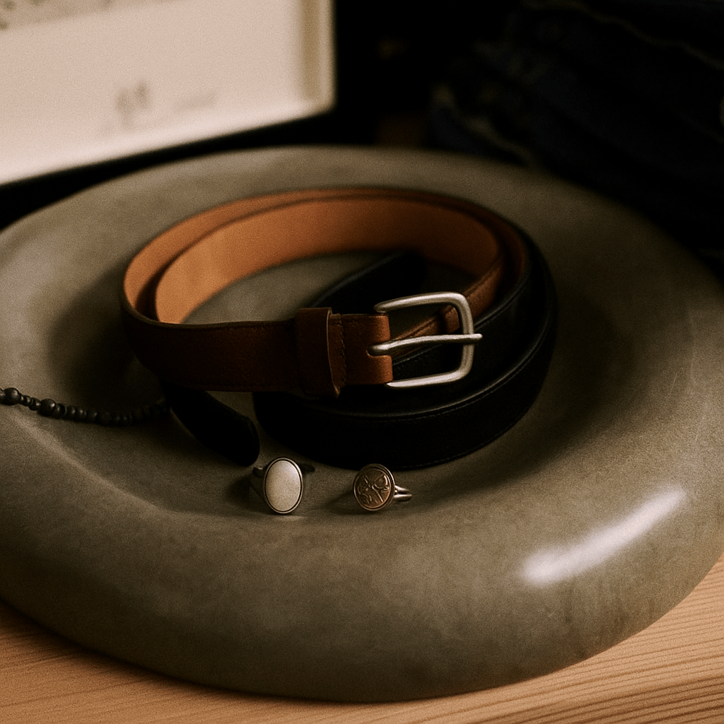 Brown belt with silver buckle on a green handmade ceramic bowl