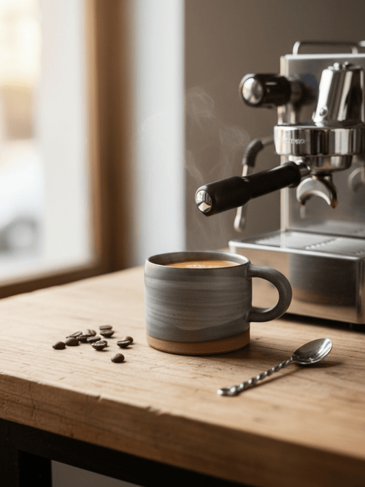 Espresso machine with a steaming cup of coffee on a wooden surface, surrounded by coffee beans and a spoon.