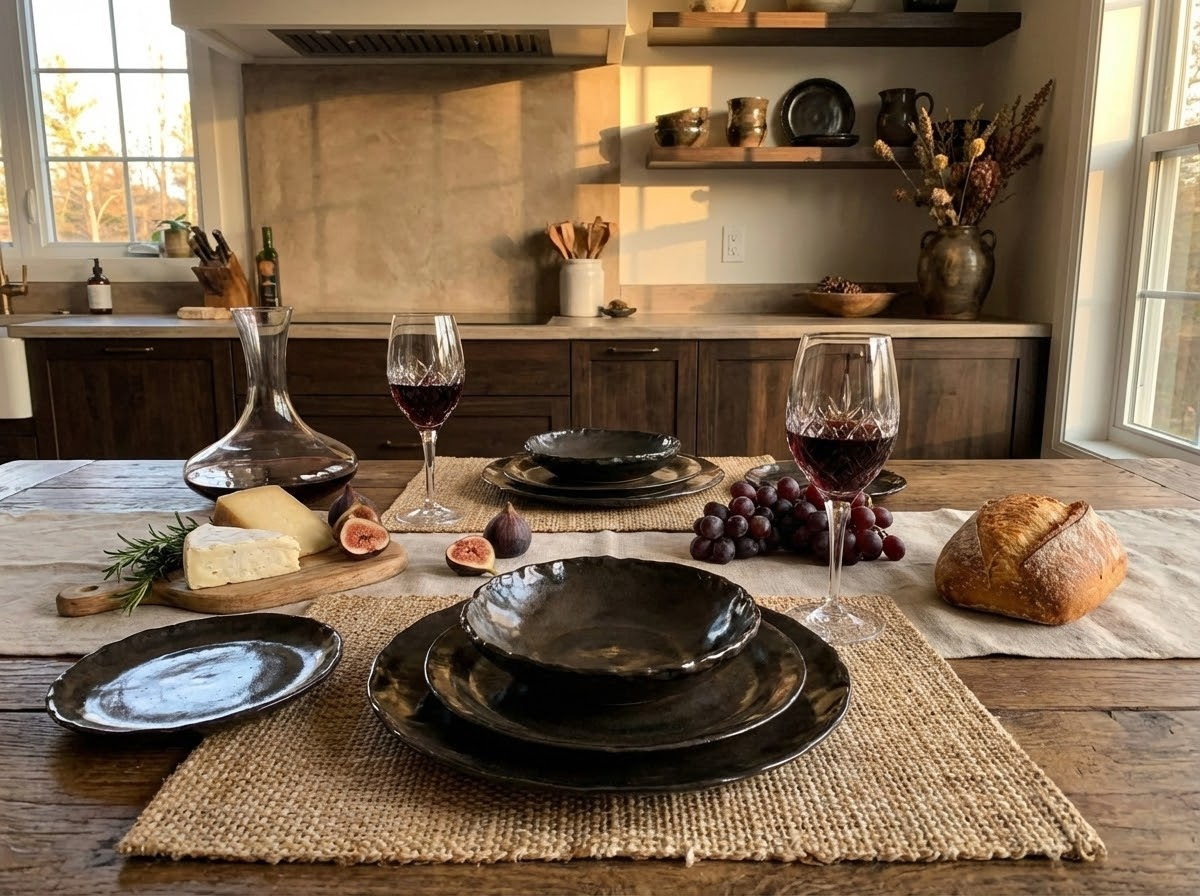 Dining table setup with handmade   ceramic plates, glasses, bread, and fruit in a kitchen.