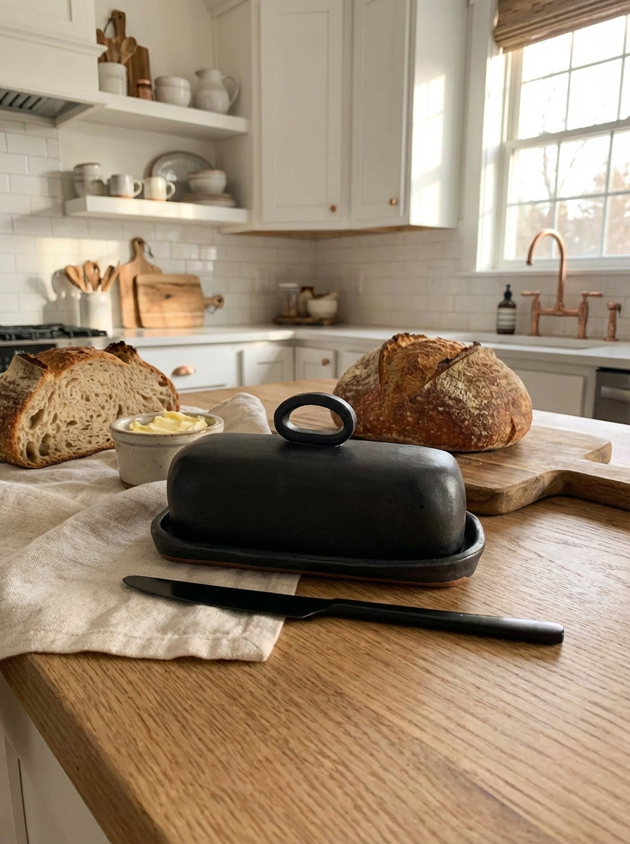 black handmade butterdish on wood countertop with bread and cutting boards in a kitchen
