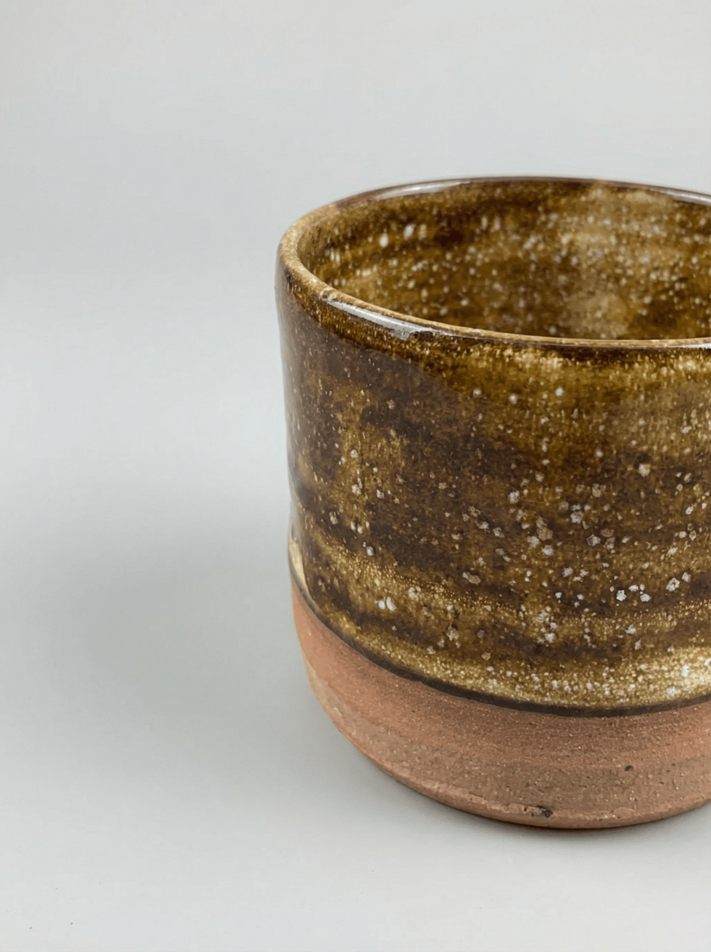 Brown whiskey lowball tumbler on a light gray background