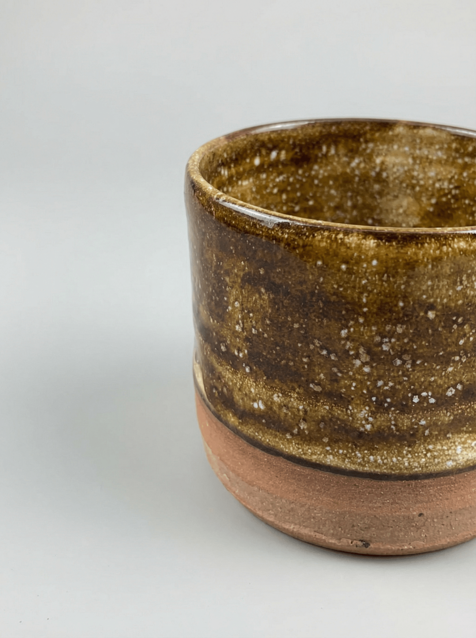 Brown whiskey lowball tumbler on a light gray background